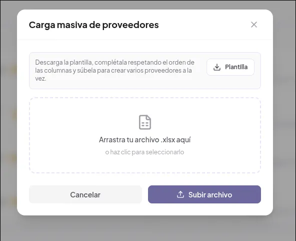 Modal de carga masiva de repuestos con plantilla descargable