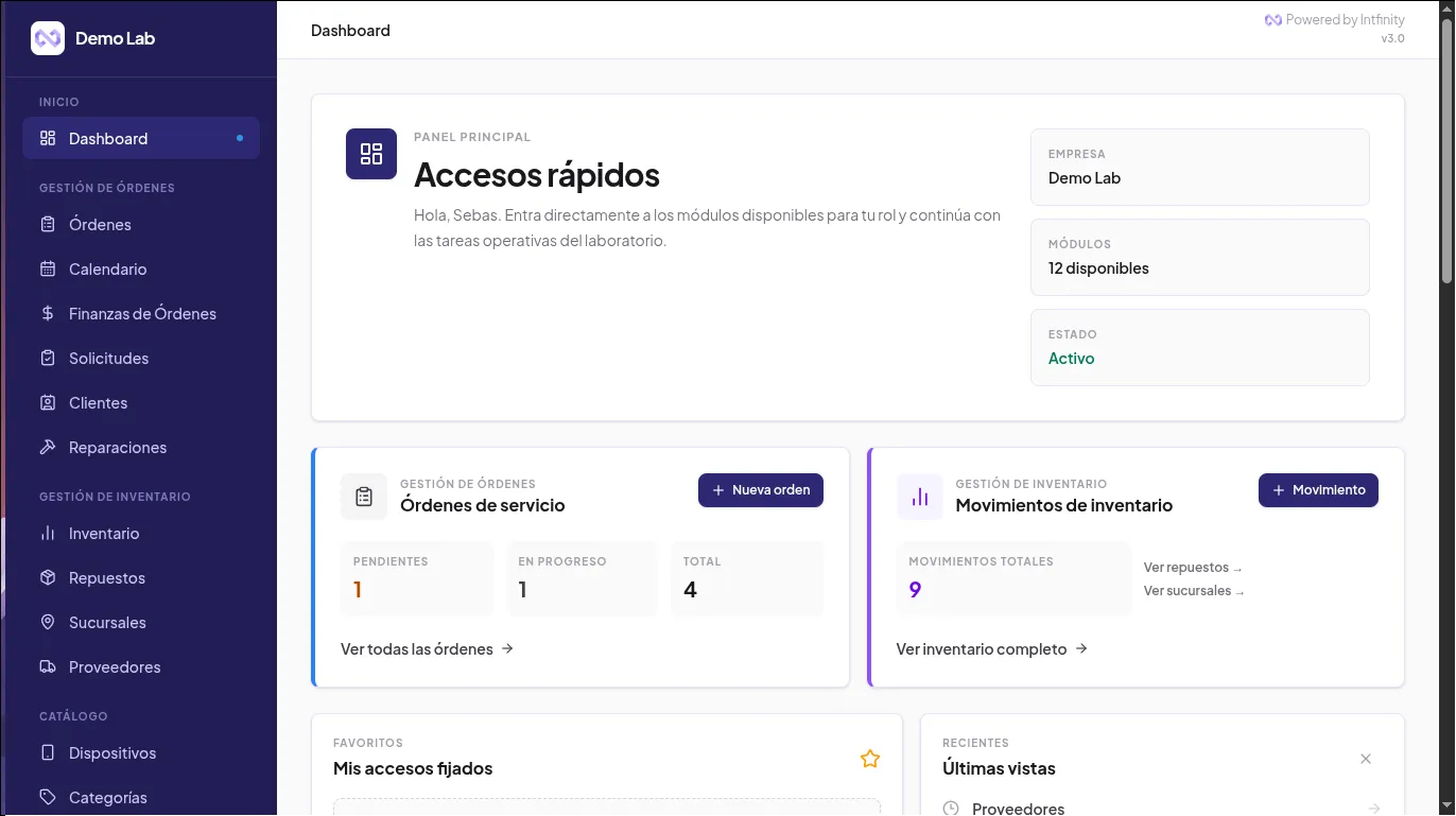 Panel de control de ReparaCenter con resumen de órdenes, inventario y accesos a los módulos del laboratorio